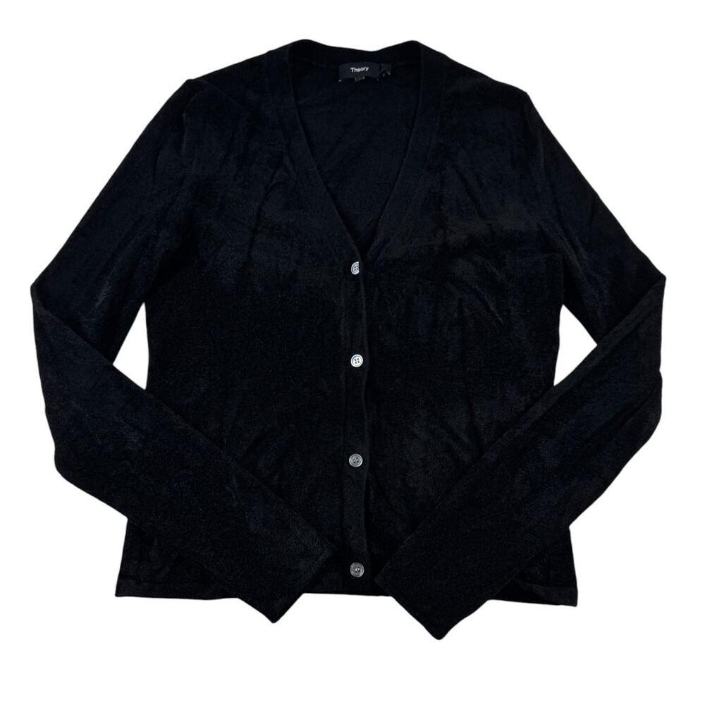 Theory Velvet Cardigan S Black Micro Velvet V-Neck Long Sleeve Sweater Button